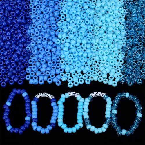 GUJOXILA 1000 Stück Blaue Mix Pony Perlen mit Zum Auffädeln Große Loch | 6x9mm Kandi Beads Bastelperlen Blaue Pony Beads Set für Armbänder Halsketten Schlüsselanhänger Schmuckherstellung Basteln