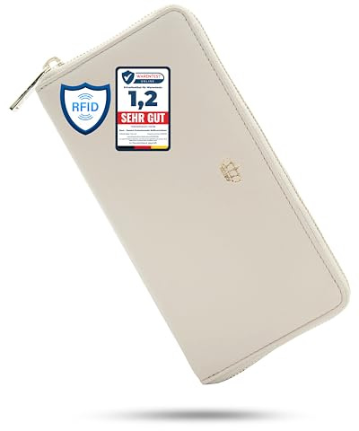 Baur Damen Geldbörse – Echtes Nappaleder mit RFID-Schutz – Großes Portemonnaie mit 12 Kartenfächern und Münzfach – Rundumreißverschluss aus Metall (Creme, Gold Reißverschluss)