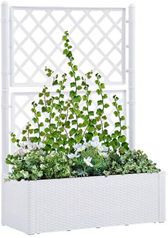Xichuzi Garten-Hochbeet mit Spalier und Selbstbewässerungssystem Weiß, Palettenrahmen, Hochteich, Gemüsebeet, Kräuterregal Balkon, Blumenbeet, Kräuterspirale, Tomatenbeet, Pflanzhochbeet - 313967