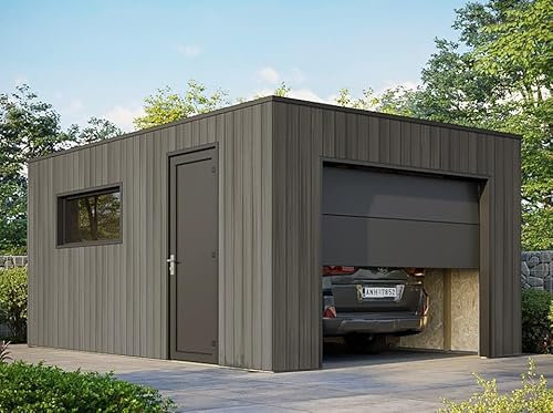 Direct ABRIS Garage Composite Silverstone - Bardage Composite Couleur Ardoise - Surface : 20m² - Porte Sectionnelle Motorisée - 2 télécommandes - Double Vitrage - 1 Voiture