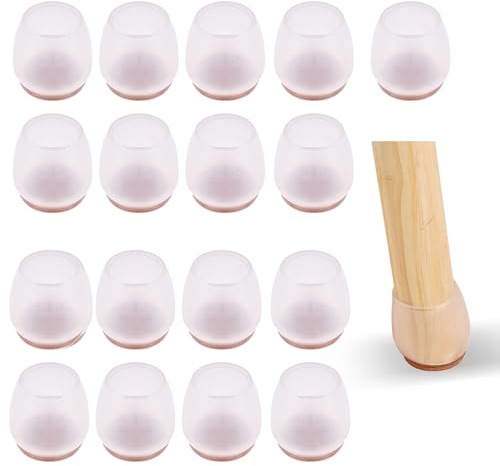Lot de 32 capuchons de protection ronds en silicone transparent (16 à 18 mm) avec coussinets en feutre pour chaises et tables, réduction du bruit et protection contre les rayures, pour sols en bois et