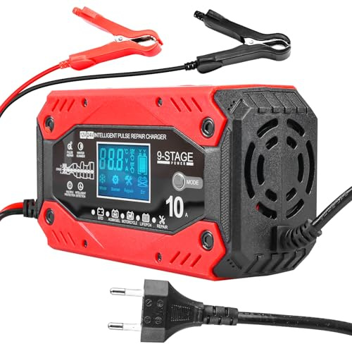 Caricabatteria per auto da 10 A, 12 V/24 V, caricabatterie intelligente, completamente automatico, con compensazione della temperatura, per la ricarica di batterie al piombo acido di tosaerba, auto