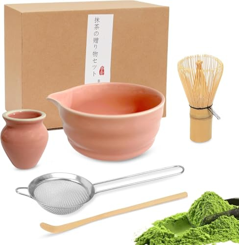 HAPLOVE Premium Matcha Tea Set with Bamboo Whisk, Ceramic Bowl Scoop & Holder Complete Matcha Making Kit for Traditional Japanese Tea Ceremony Ideal Matcha Gift Set for Beginners and Enthusiasts(Pink)