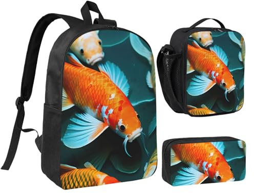 LXqlSS Mochila HD con estampado de carpas para uso diario, juego de 3 mochilas con lonchera y estuche para lápices