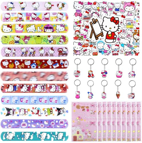 Wirhaut Kity Party Bag Fillers, 82pcs Girls Party Bags Supplies , Girls Party Favors Set Include 12PCS Slap Bands, 10PCS Gift Bags , 10PCS Key Ring , 50PCS Stickers