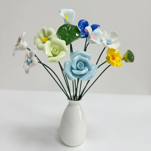 12 Pcs Handmade Ceramic Flowers Decor,Porcelain Flower Plant stakes for Outdoor Plants,Mini Flowers for Crafts Decorative Plant Stakes,Lawn Ornaments Kitchen Bouquet Office Decor (12, White Blue)