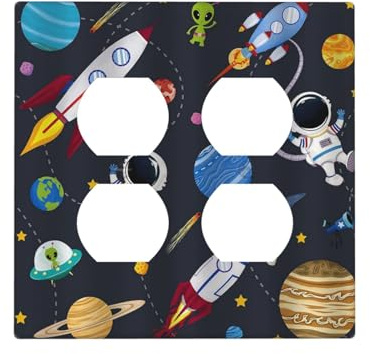 Wpshijia Rocket Planets Astronaut Blue Decorative Outlet Covers 2-Gang Duplex Light Switch Cover Gfci Wall Plate Covers Electrical Receptacle Switch Plate Cover Plug Faceplate for Bathroom Decor