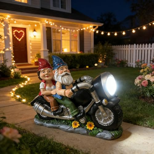 BGBWBFBR Motorcycle Gnome Couple Solar Light Outdoor Garden Statue Decor | 11 inch Resin Biker Pair Weatherproof LED Powered Yard Patio Lawn Porch Deck Funny Anniversary Birthday Gift Idea for Him