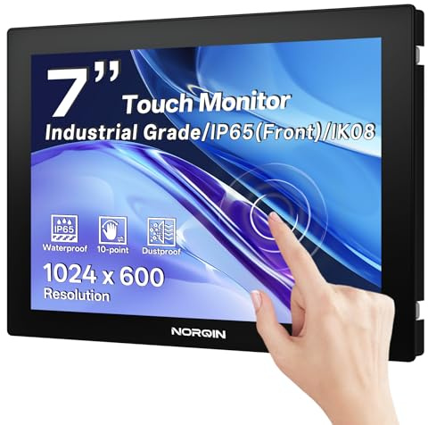 NORQIN Monitor Touchscreen Industriale 7 Pollici, IP65 Impermeabile | 1024×600 LCD Monitor Touch,Capacitivo 10 Punti,Montaggio VESA,HDMI/VGA/DVI/USB,Schermo Robusto per Chioschi,POS & Magazzino