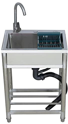 XBTGS Free Standing Kitchen Sink Single Bowl with Cold and Hot Faucet Industrial Sink Commercial Restaurant Sink Outdoor Vegetable Washing Basin for Laundry Backyard,60 * 45cm