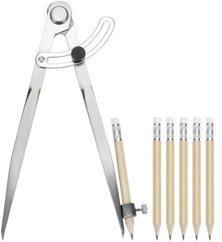 QWORK® Compas Réglable 200 mm, Compas Pointu de Marquage avec Aile Verrouillable Porte-crayon et 5 Stylos, pour Menuisier, Travail Métaux, Travail du Cuir