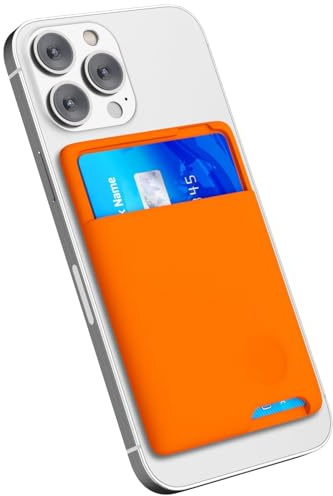 oakxco Phone Wallet Stick On, Secure Phone Card Holder Silicone, Adhesive Pocket Sleeve ID Credit Card, Slim Thin Card Case for Men Women Cute, Compatible with Apple iPhone Samsung Pixel, Neon Orange
