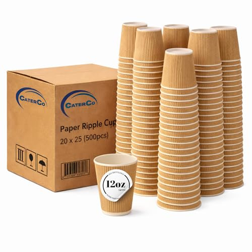 CaterCo 12oz Kraft Ripple Wall Coffee Cups - 500 Pack Triple Insulated Cups for Hot Drinks, Tea - Recyclable, Brown Paper Cups for Cafes, Takeaway, Office, Events - 12oz / 340ml - 500 Pack