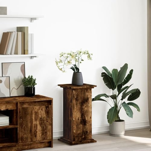 Mokuyary Postament con espacio de almacenamiento, roble ahumado, 31 x 30 x 60 cm, material de madera, soporte para plantas, estante interior y exterior, escalera decorativa para flores, para terraza