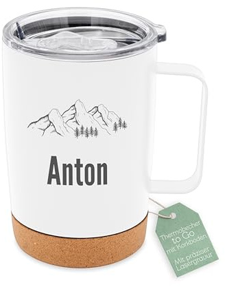 ABENTEUERNAH Thermobecher Korkboden personalisiert, Outdoorbecher Wandern, Kaffeebecher, Campingbecher, Geschenk Kollege, Coffee to go Becher, Geschenk Freundin (Berge, weiß)