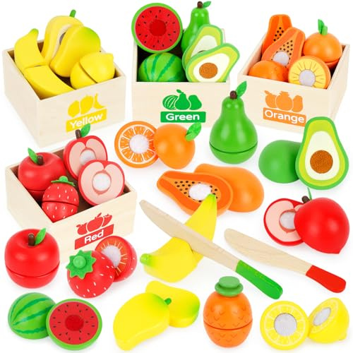 ATOYUS Kinderküche Spielküche Zubehör aus Holz, Montessori Obst Schneiden | Spielzeug ab 1 Jahr, Küchen Holzspielzeug für Kinder, Geburtstags- und Weihnachts-Kinderspielzeug für Jungen und Mädchen