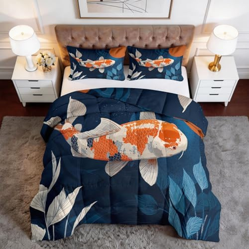 Trapunta 200 x 220 cm Animali Carpa Koi Foglie Piante per Letto 2 Persone, Edredon Astratto Moderno Reversibile 4 Stagioni, Coperta Traspirante e Morbida, per Unisex Adolescenti, Senza Fodera