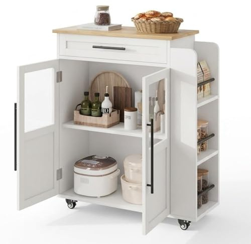 Garvee Kücheninsel mit Rollen, Küchenwagen & Servierwagen mit Glastüren | Schublade, Gewürzregal für Küche, Esszimmer & Flur, Weiß, 74 x 38 x 78,5 cm