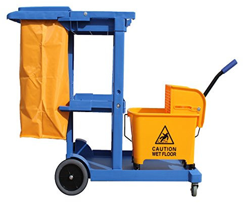 Carro de Limpieza Profesional Plástico con Tres bandejas, Saco de Vinilo de 100 Lt. con tapadera y Cubo escurrefácil Profesional 25 Lt. Medidas 120x52x96 cm. (L x F x A)