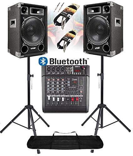 IMPIANTO AUDIO AMPLIFICATO 1400w: 2 casse passive + mixer amplificato attivo + stativi + 2 cavi