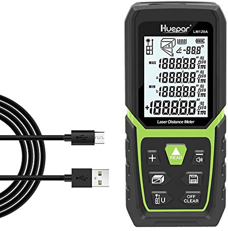 Huepar Laser Distance Meter 393Ft with Li-ion Battery & Electric Angle Sensor, Backlit LCD Laser Measure M/in/Ft with High Accuracy Multi-Measurement Modes, Pythagorean, Distance, Area&Volume