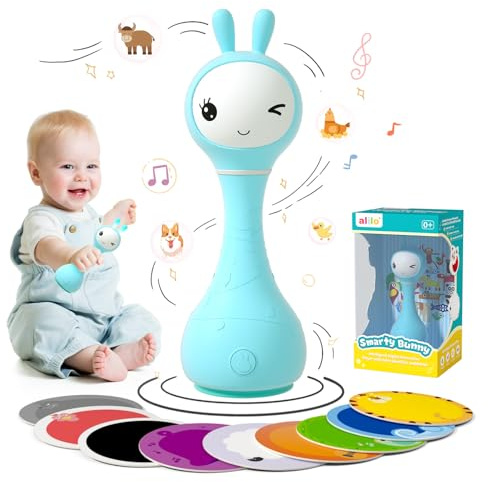 alilo Smarty Bunny Rattle Baby Toys Multi-Sensory Musical Montessori Toys,0-3-6-12-18-24 Months 1 Year Old boy/Girl Gifts, 4 Different Modes and Color Recognition Function