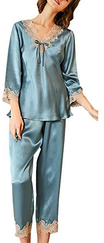 DISSA Damen 100% Seide Spitzenborte Pyjama Set,Blau,42