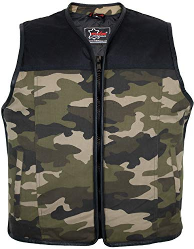 MDM Gilet Biker Camouflage TAN – Idéal pour Patches, Bordure en Cuir, Fermeture Zip, Ajustable, Poches Intérieures avec Fermeture (FR/ES, Alpha/lettres, 4TG, Taille normale, Taille normale, Camo TAN)