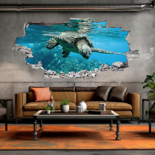 tjapalo® vr30 wandtattoo wanddurchbruch 3d Wandtattoo Wand durchburch Meer Deko Wohnzimmer Wandtattoo Schildkröte Meeresschildkröte, Größe: B58xH27cm