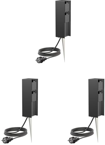 ledscom.de 3 pzas. Toma de jardín Pilar POMI con Pica de Tierra y Cable de 2m para Exteriores, IP44, 2 vías, Negro, Cuadrado, 23cm