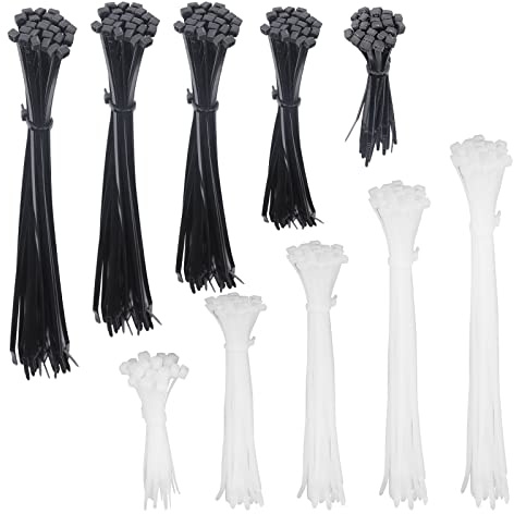 Zip Ties 250PCS Cable Zip Ties Assorted Sizes 4+ 6+ 8+ 10+ 12 Width 0.16 Cable Ties, Heavy Duty Self-Locking Nylon Black Wire Ties and Clear White Zip Ties for Indoor and Outdoor(Black & White)