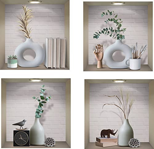 ANHUIB 4 Stück 3D Vase Wandaufkleber,Vasen Wandtattoo für Wohnzimmer,Grüne Pflanzen Wandsticker,Vinyl Abnehmbare Weiße Flasche und Grünes Blätter Wandbilder für Schlafzimmer Büro Küche Deko,30CM×30CM