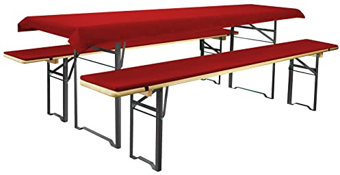 Brandsseller Set de 3 piezas – 2 Cojines acolchados para Banco 220x25 cm y 1 Mantel 240x90 cm – Ideal para Mesas Cerveceras, Fiestas populares o Eventos al aire libre – Rojo