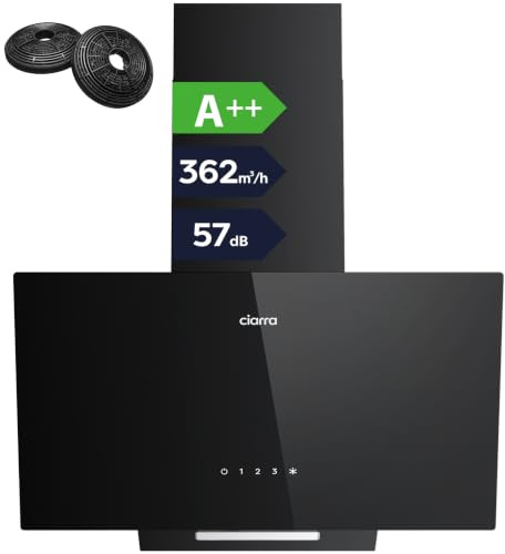 CIARRA CBCB6750C A++ Dunstabzugshaube 60 cm Kopffrei Wandhaube 362 m³/h | SensorTouch -Bedienung, Leise 57 dB Umluft Abluft für Wohnung Küchen, LED-Beleuchtung CBCF002X2 Aktivkohlefilter Schwarz Glas