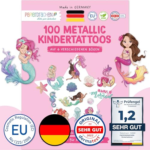 Pappersdrake 100 metalliska tatueringar för barn – hudvänliga barntatueringar sjöjungfruar – glittertatuering – födelsedagspresent – för pojkar och flickor – tillverkad i Tyskland