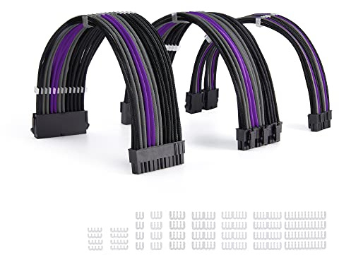 Formulamod Verlängerungskabel für Netzteil, 18 AWG (1) ATX 24P, (2) EPS 8-P+ (3) PCI-E8-P, mit Kämmen für PSU auf Motherboard/GPU (I, Schwarz, Grau, Violett)