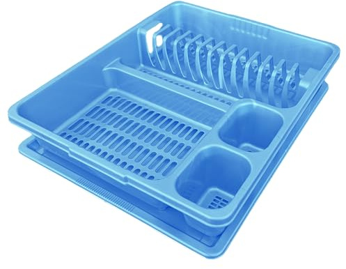 STL Plastic Dish Rack with Drip Tray - 13 Plate Capacity - 5 Color Options - Food-Grade BPA-Free - Kitchen Organizer (Blue)