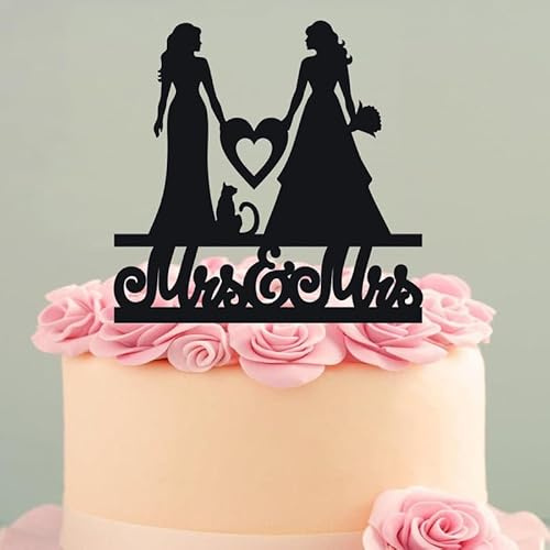 Lesbian Cake Topper With Cat Lesbian Couple Mrs And Wedding Custom Tooper, For Funny Novelty Acylic Personalized Party Cake