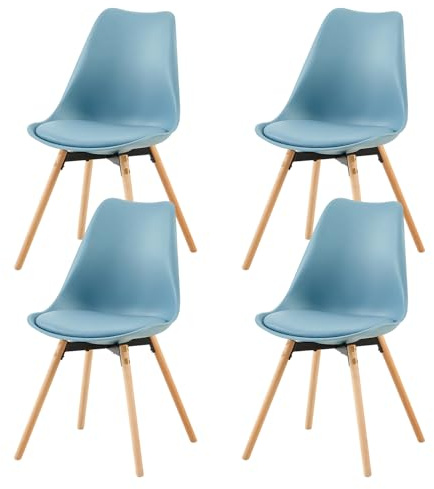 buybyroom Set di 4 sedie da sala da pranzo, sedie imbottite, sedute, per soggiorno, sala da pranzo, sala conferenze, in legno massiccio, blu chiaro