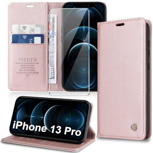 Migexxkj Handyhülle für iPhone 13 Pro Hülle [mit Schutzfolie][Premium PU Leder] Klapphülle Kartenfach Magnetic Ständer Flip Case Cover Etui Tasche Schutzhülle für iPhone 13 Pro 6.1“ (Pink)