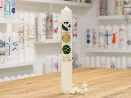 meinkerzenshop Kommunionkerze KASPAR personalisiert mit Name und Datum, individuell und handverziert für Junge und Mädchen