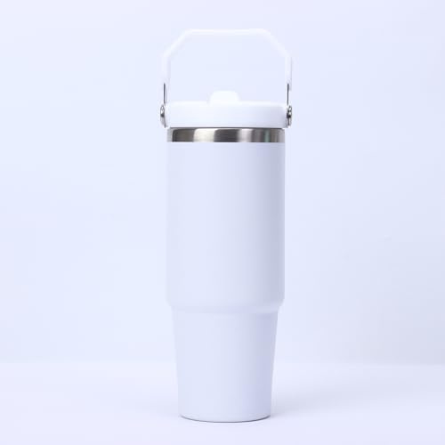 Gerrit 30 oz Stainless Steel Tumbler with Flip Straw & Handle, Insulated Double Walled Water Bottle for Home, Office, Car, Leak Proof, Reusable Cup 2-in-1 Straw & Sip Lid Women Men (White)