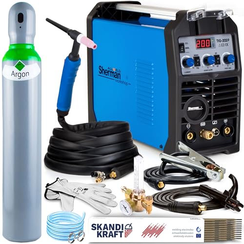 TIG 202 DC Puls - 200A HF-Zündung DC WIG Schweißgerät mit Puls - Stahl und Edelstahl Schweißgerät ausgestattet mit Preflow, Postflow, 2T/4T und MMA-Schweißmodus - Set: Professional