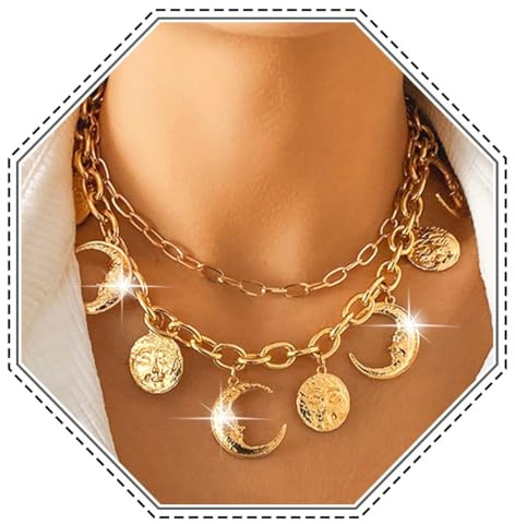 Jovono Goldfarbene Choker-Halskette, mehrlagiger Mond-Anhänger, Halskette, Münzen-Halskette, Zubehör für Frauen