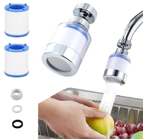 360° Filtro de Agua del Grifo con 2 Cartuchos de Filtro, Filtro Grifo Cocina Fregadero Antical, Grifo de Filtración de Agua de Carbono Elimina Cloro, Fluoruro de Metales Pesados y Agua Dura.