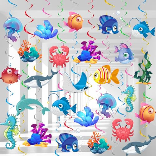 Unterwasser Spiraldekoration, 32 Pcs Tropische Fisch Hängende Wirbel, Meerestiere Hängende Wirbel & Meerestier-Wirbel-Dekorationen für Ozean Party Dekorationen & Unter dem Meer Party Dekorationen