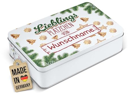 Print Royal PR Geschenkdose mit Name personalisiert - Lieblingsplätzchen - Blechdose bedrucken, Aufbewahrungsdose, Keksdose - Weihnachtsgeschenke | Rechteckig weiß, 450 ml