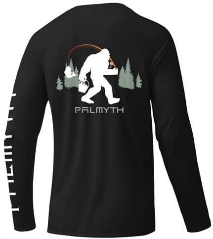 Palmyth Fishing Shirts for Men Long Sleeve Sun Protection Shirts UV UPF 50+ T-Shirt Quick Dry Black Bigfoot Bucket L