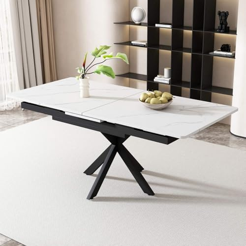 PUGSDRLY Table a Manger Extensible,Table Salle à Manger Rectangulaire,Tables de Salle à Manger Multifonctionnelle,Moderne Minimaliste,Table Basse/Table de Salon,Design Unique (150/180x70x76cm-Blanc)