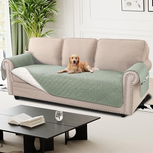 H.Versailtex Sofa Cover 3 Seater 100% Waterproof Sofa Slipcovers for Living Room, Non Slip Sofa Covers with Side Pocket, Washable Sofa Protectors from Pets/Kids/Dogs (3 Seater, Sage Green)